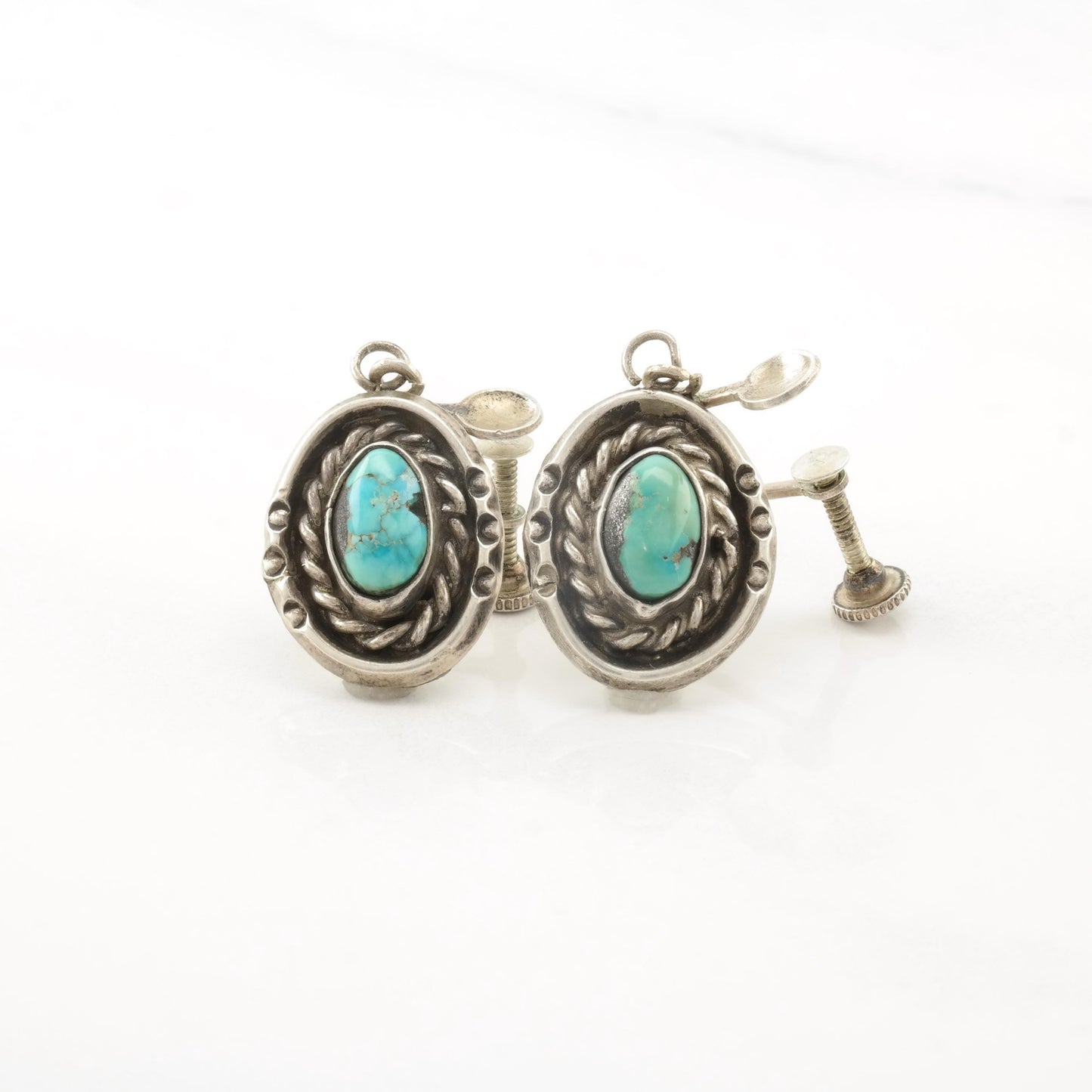 Choice of Vintage Native American Blue Turquoise, Spiderweb Sterling Silver Screw Back Earrings