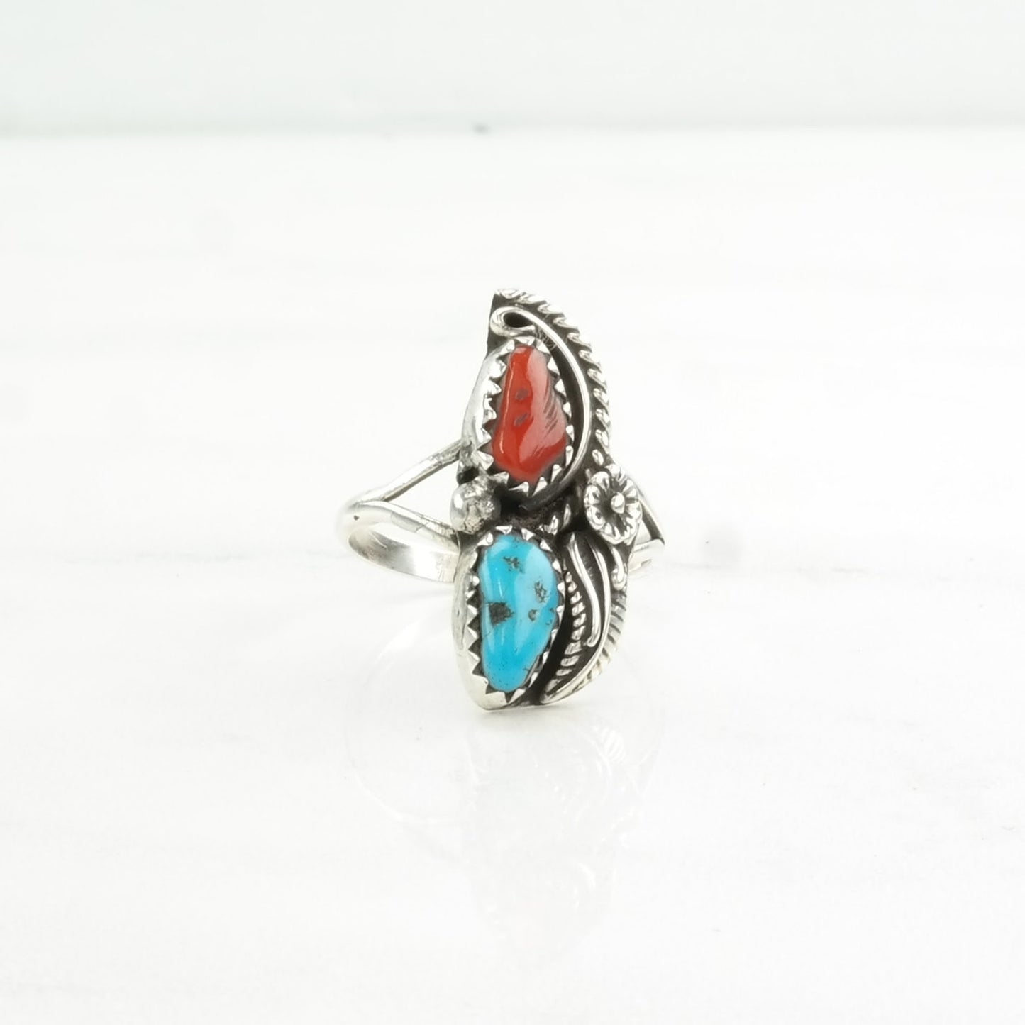 Native American Silver Ring Turquoise, Coral Floral Sterling Blue, Red Size 6 1/4