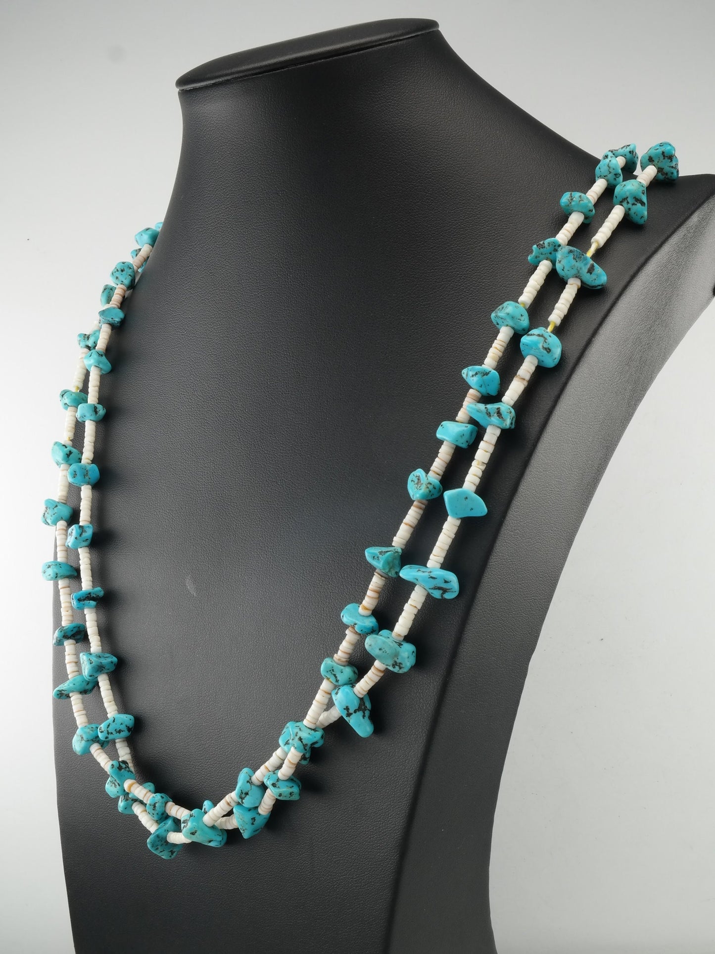 Sw Turquoise, Coral, Shell, Two Strand, Heishi Sterling Silver Bead Necklace N1626