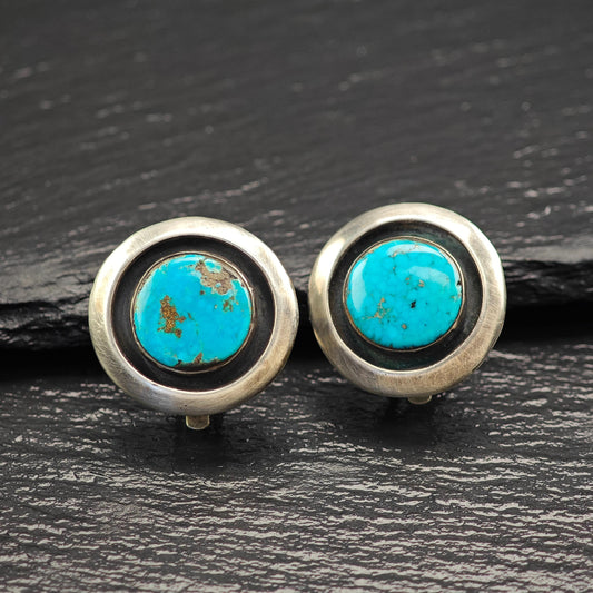 Native American Blue Turquoise, Shadowbox Clip On Earrings Sterling Silver