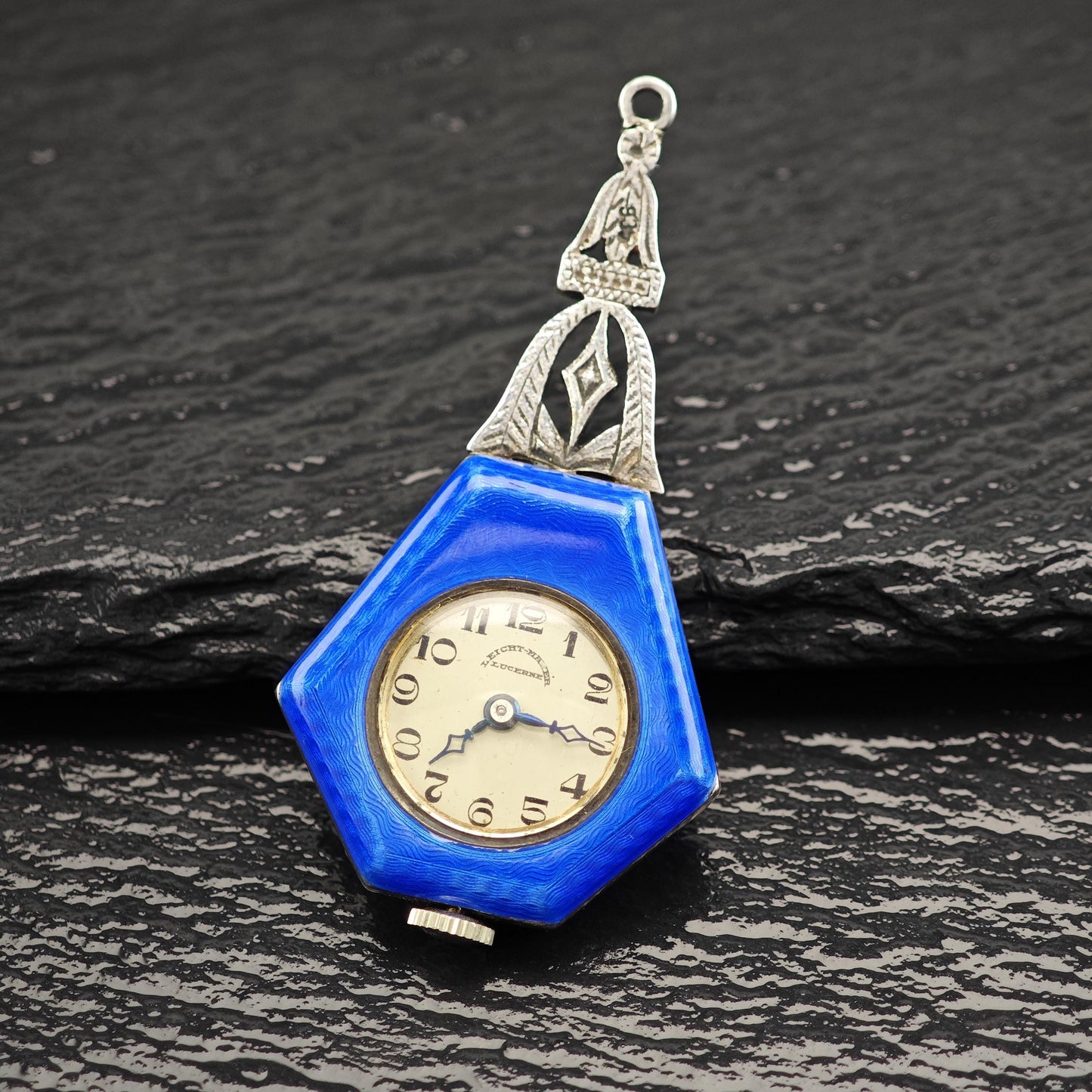 As Is Art Deco, Leicht-Mayer Lucerne, Enamel Pendant Watch Sterling Silver