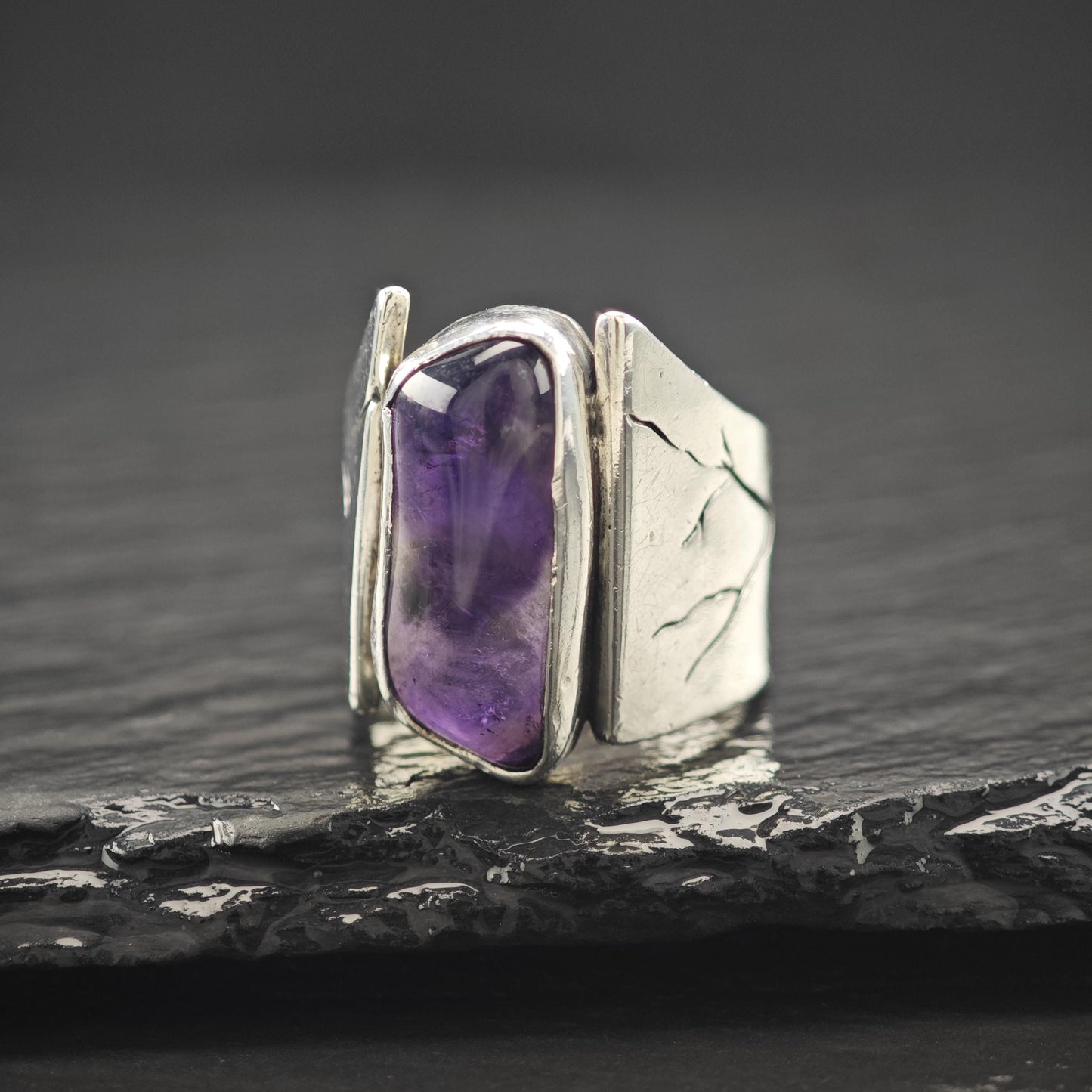 Vintage Sterling Silver Ring, Abstract Amethyst Size 6