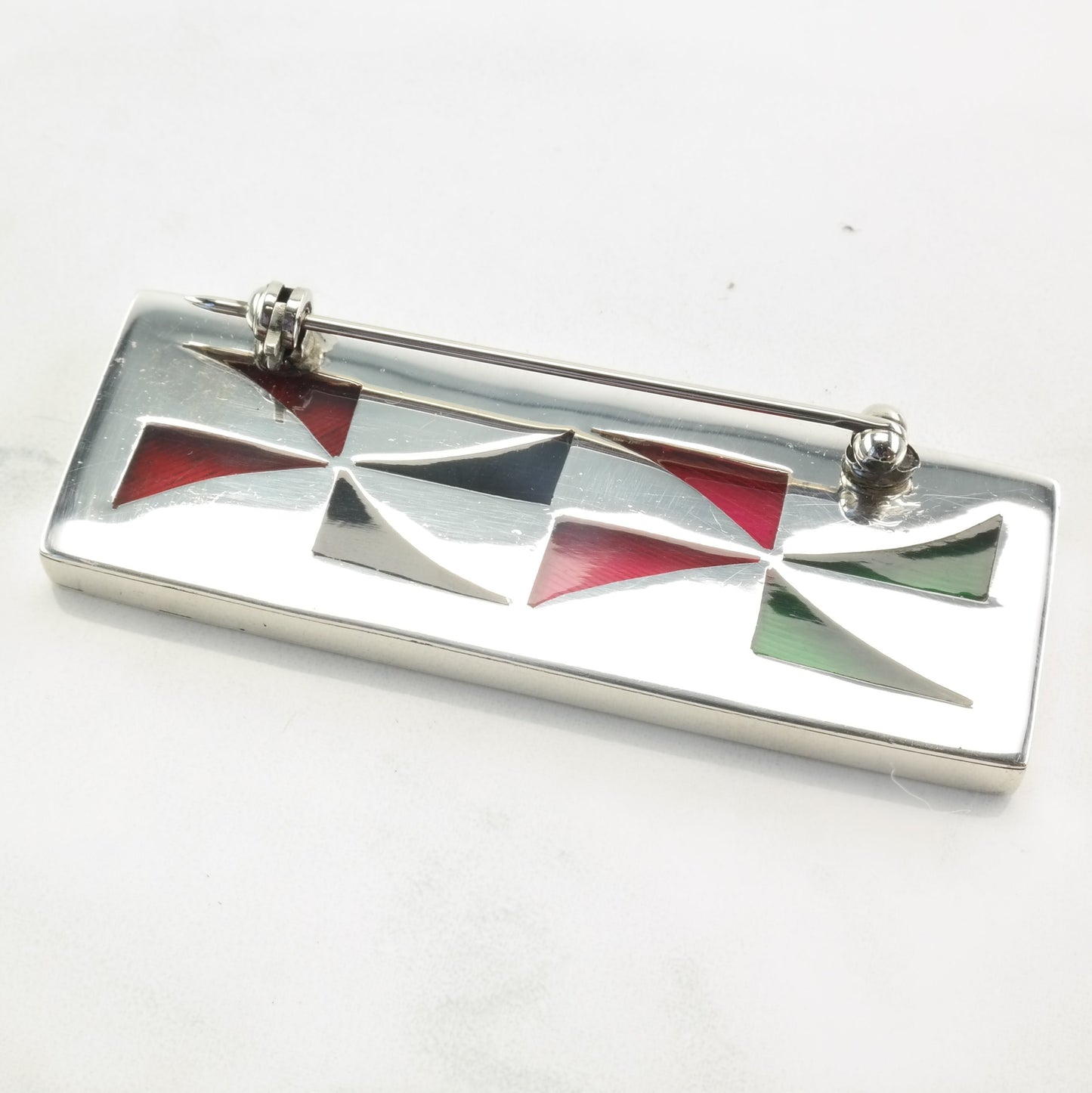 Modernist Sterling Silver Brooch Rectangle Glass