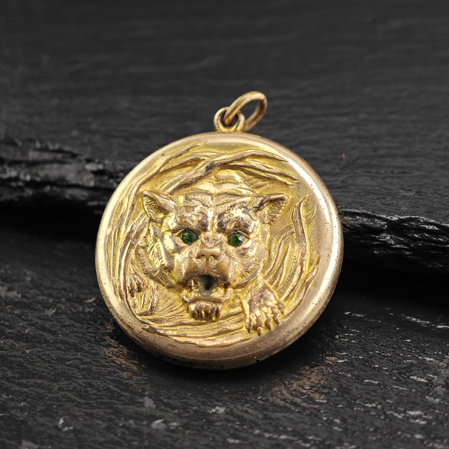 Antique Tiger Locket Gold Filled Pendant P3029