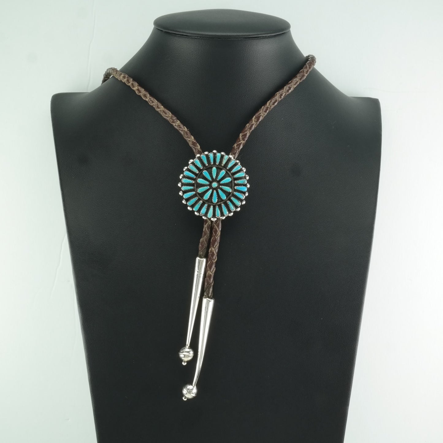 Vintage Native American Sterling Silver Blue Turquoise, Cluster Overlay Bolo Tie Necklace