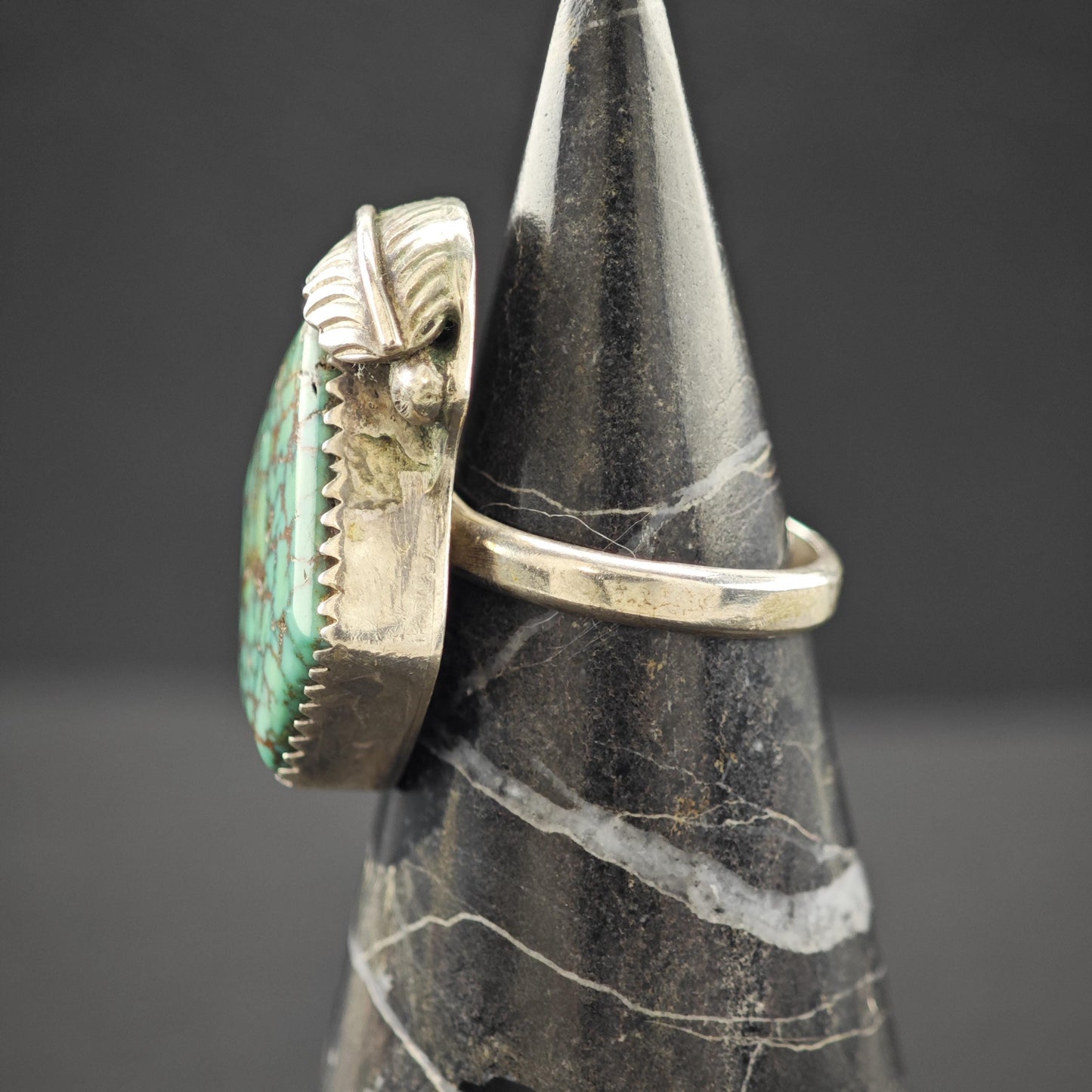 Native American Spiderweb Green Turquoise Ring Sterling Silver Sz 6