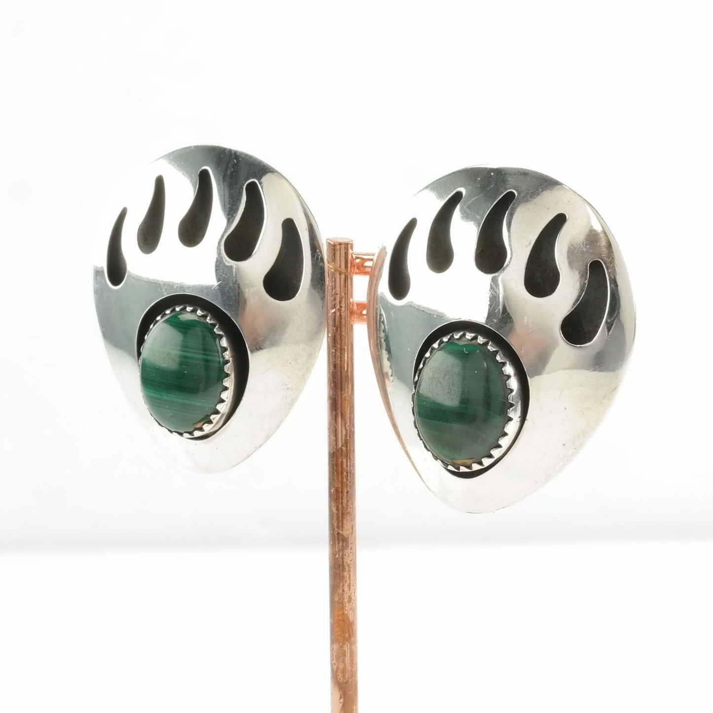 Vintage Green Malachite Bear Paw Sterling Silver Clip On Earrings