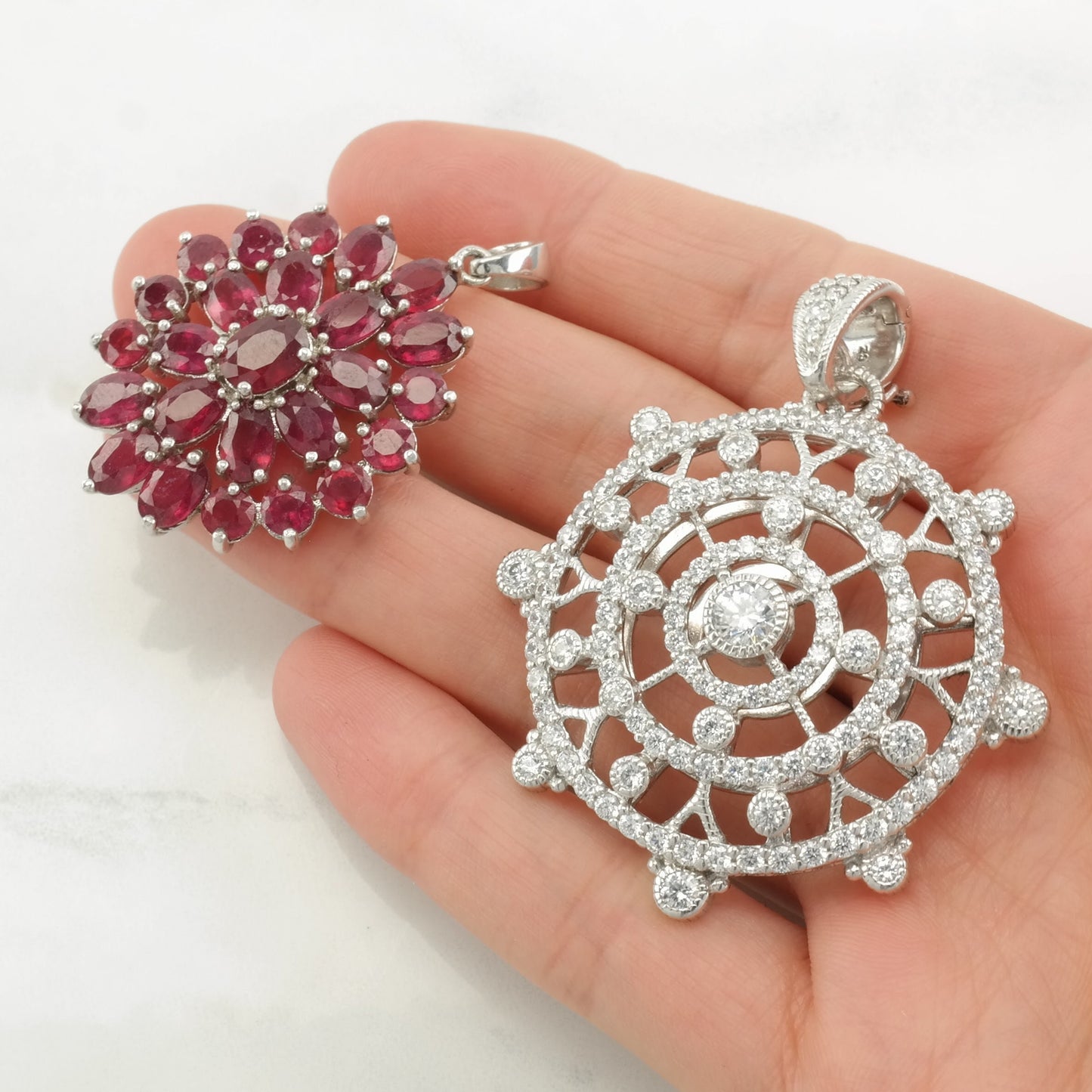 Vintage Ruby, CZ Cluster Sterling Silver Pendant