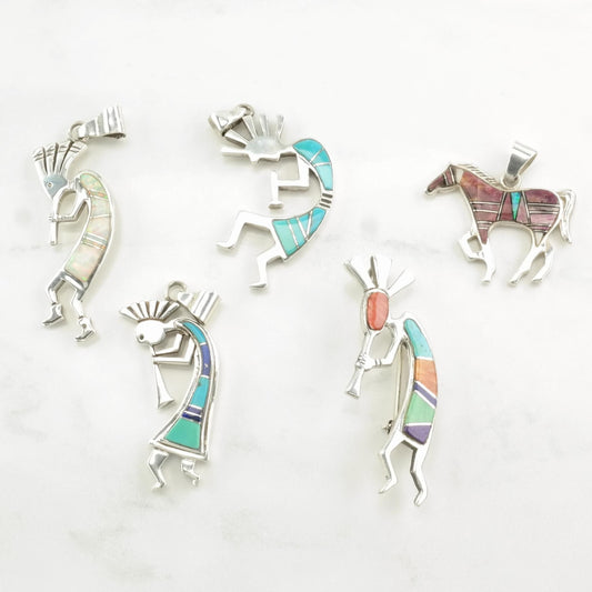 Choice of Vintage Turquoise, Opal, Shell Kokopelli, Horse Sterling Silver Pendants