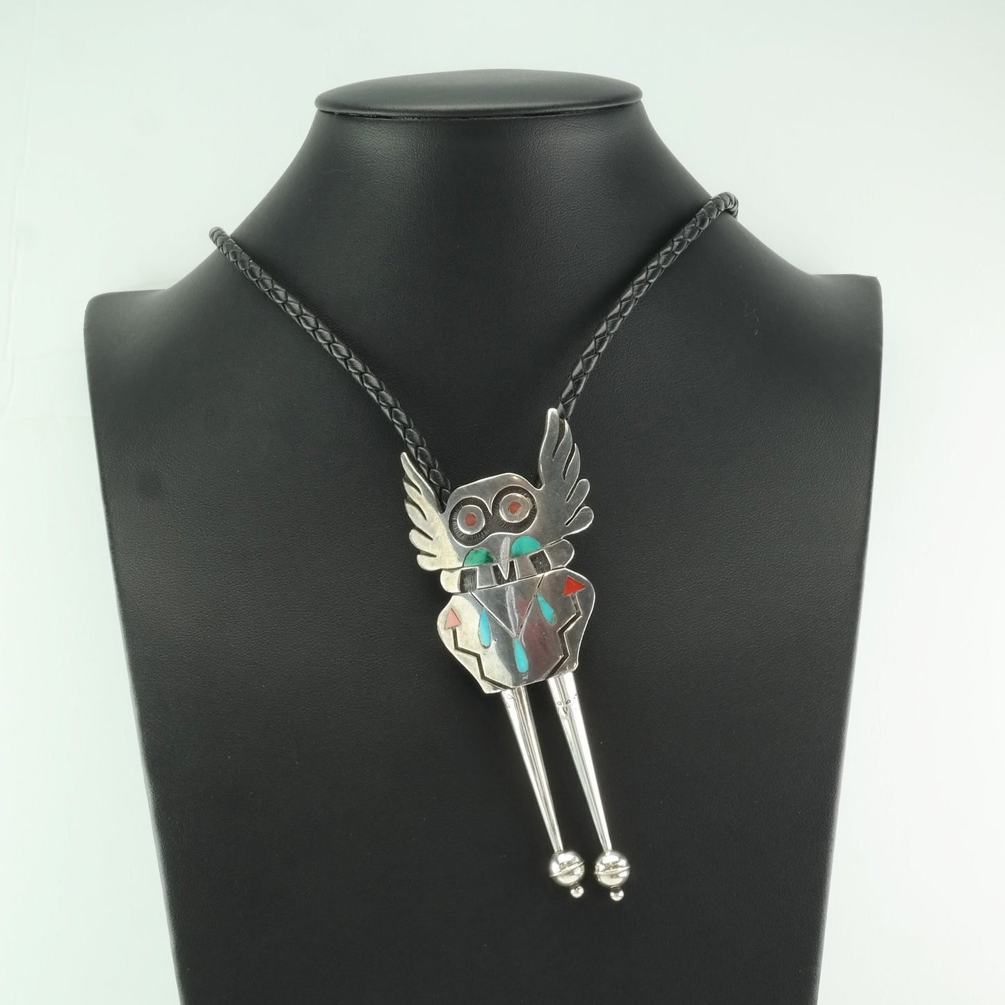 Hopi Sterling Silver Turquoise, Coral Bird Figure, Inlay Bolo Tie Necklace