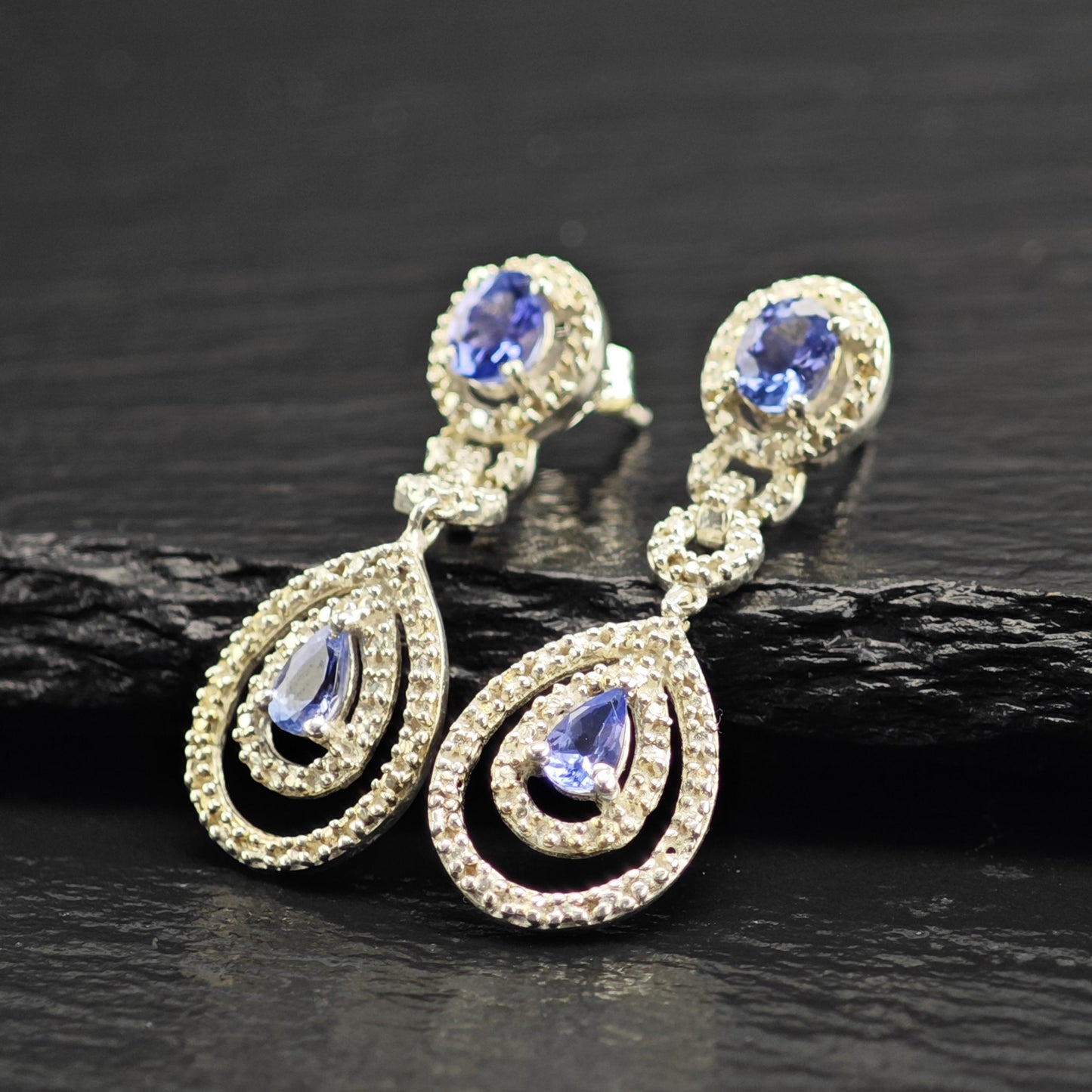 Purple Tanzanite Teardrop Stud/Dangle Sterling Silver Earrings ER3185