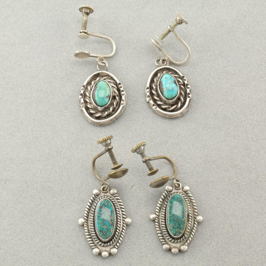 Choice of Vintage Native American Blue Turquoise, Spiderweb Sterling Silver Screw Back Earrings