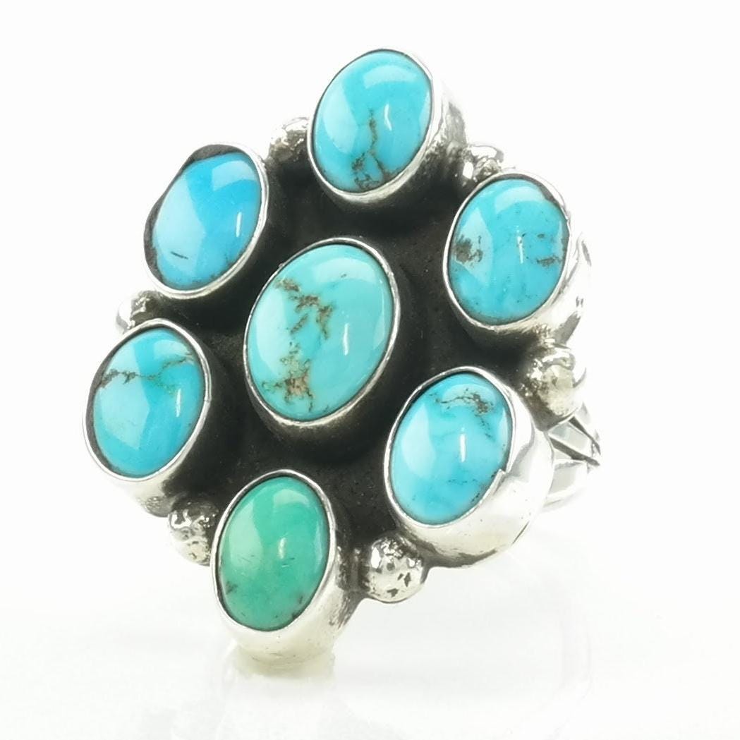 Native Silver Ring Turquoise Floral Sterling Blue Sz7 1/2 R5204