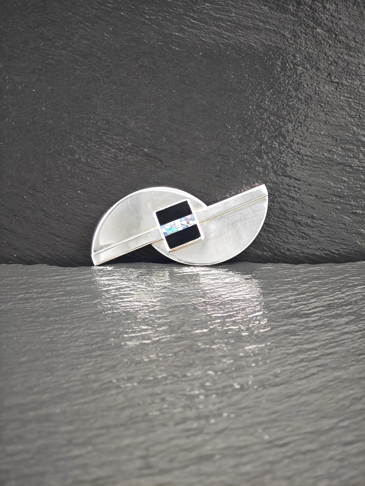 Modernist Opal, Onyx Brooch Sterling Silver