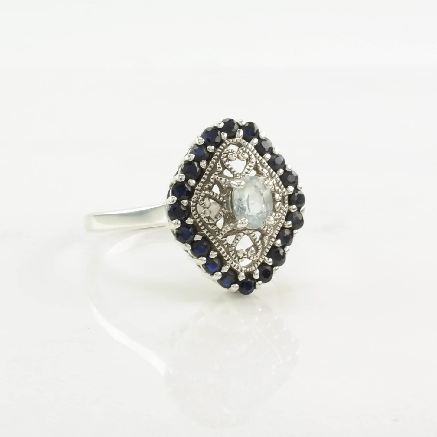 Sterling Silver Ring Aquamarine Sapphire, Filigree Dark Blue Size 10