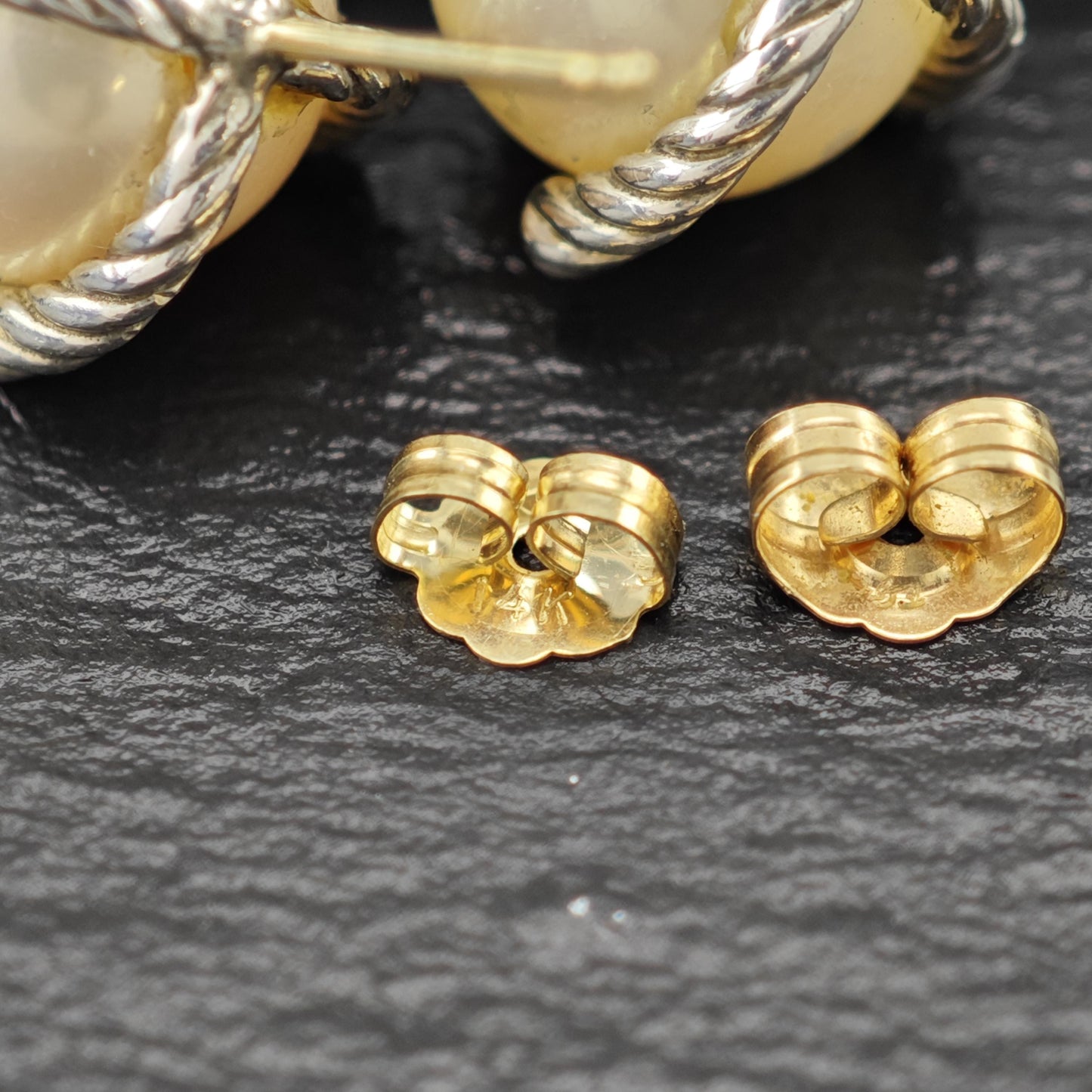 Vintage David Yurman White Pearl, Diamond 14k Gold Post Sterling Silver Stud Earrings