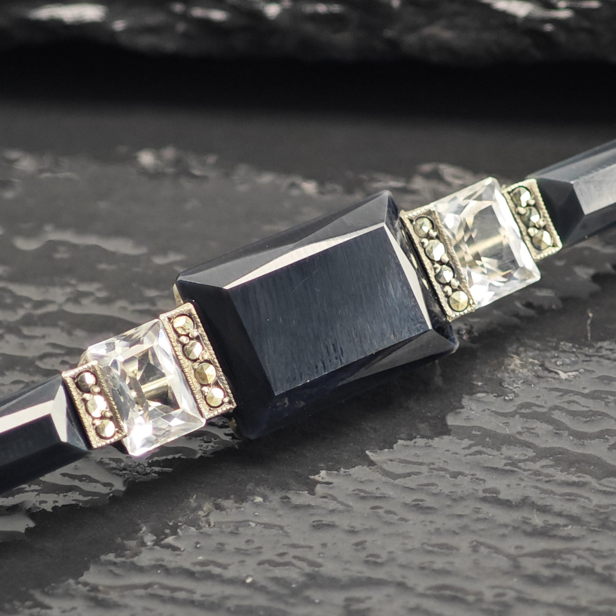 Art Deco Rock Crystal, Marcasite Onyx Sterling Silver Brooch B2255