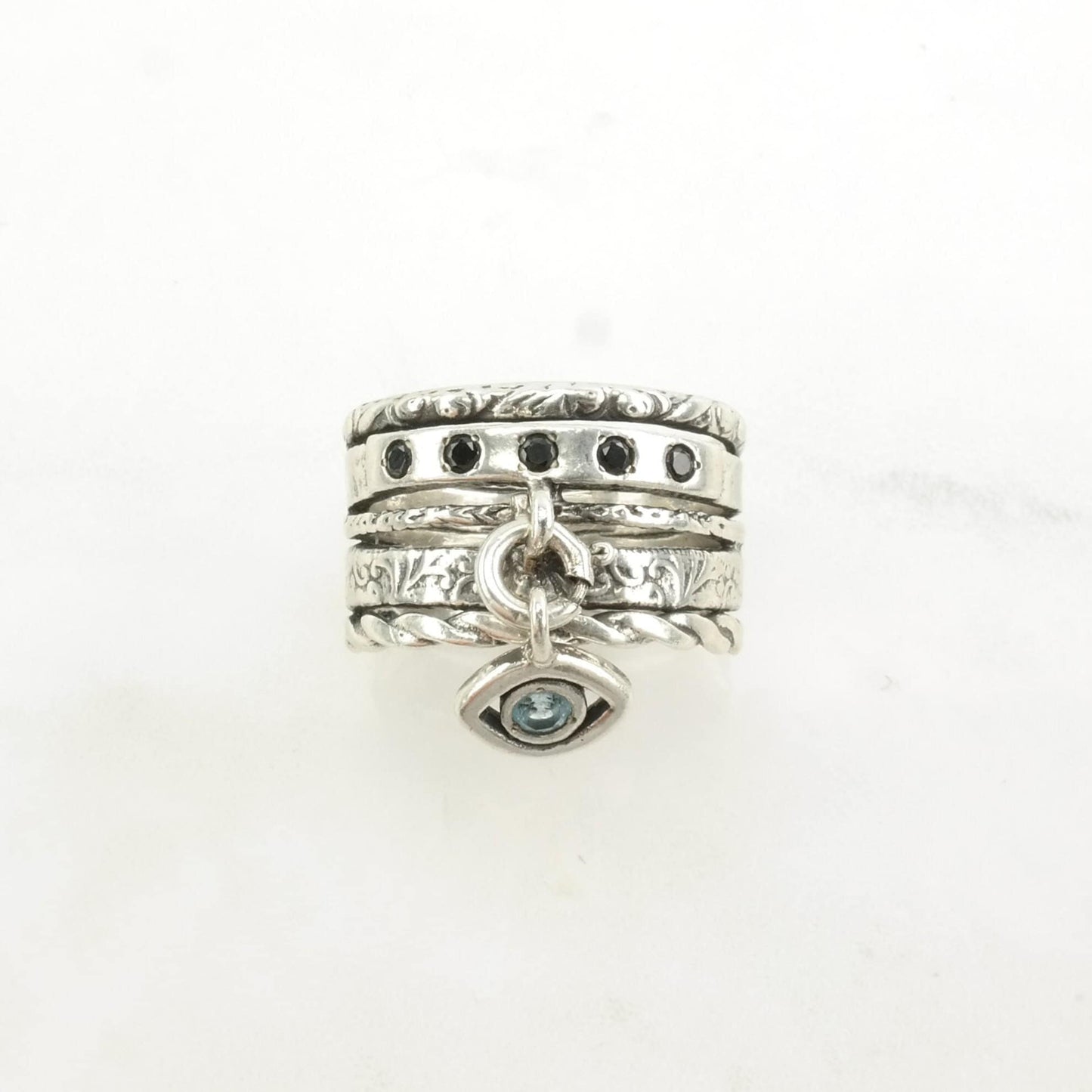 Israel Silver Ring Topaz, Evil Eye Removeable Hanging Charm Sterling Blue Size 9 1/4