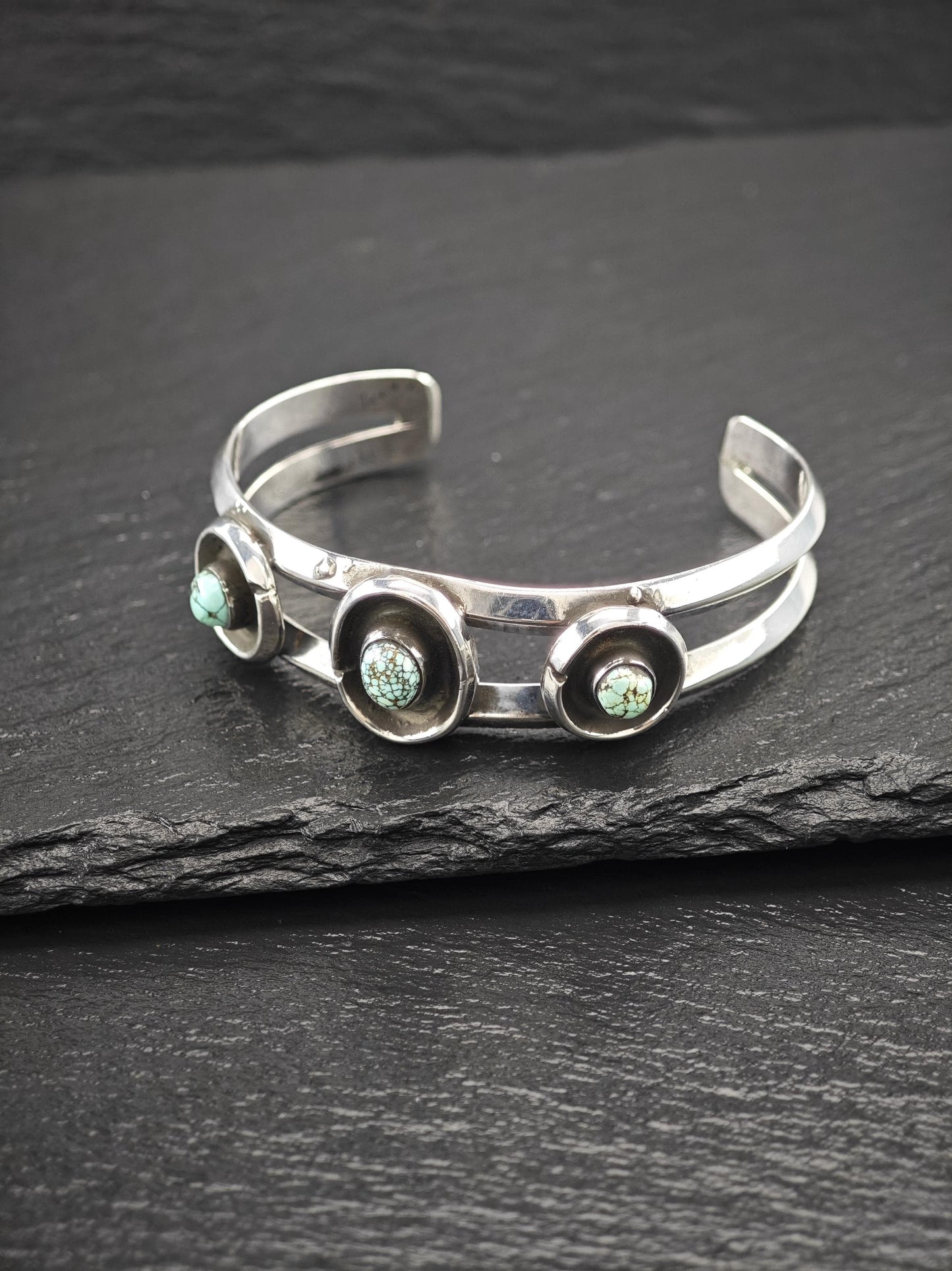 Native American Number Eight Turquoise, Shadow Box Cuff Bracelet Sterling Silver