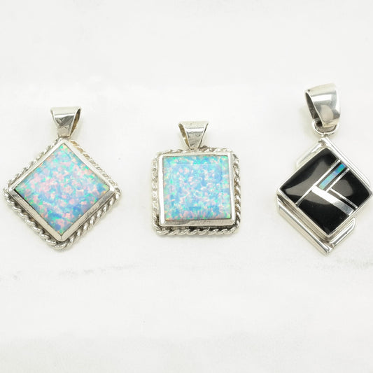 Vintage Southwest Rainbow Opal, Onyx Inlay Sterling Silver Pendant