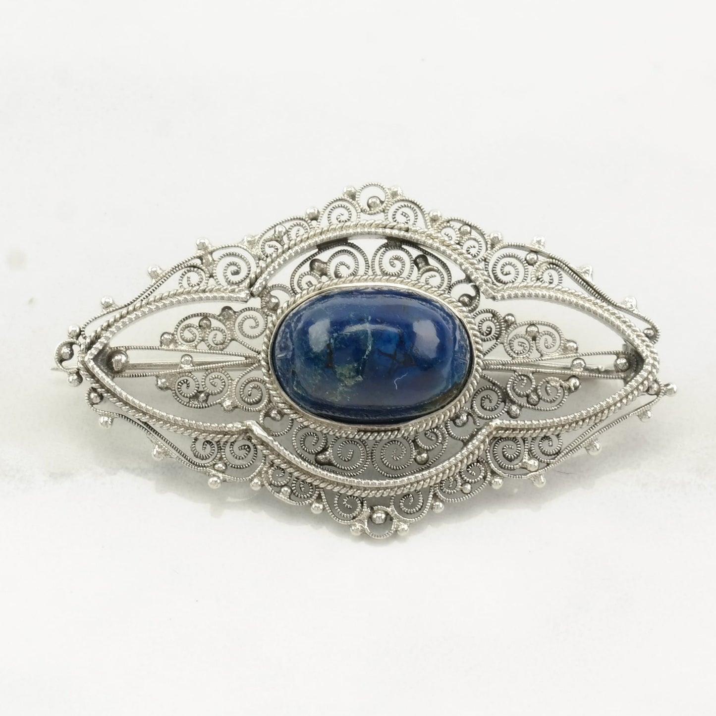 Italian Sterling Silver Brooch Filigree Lapis Lazuli