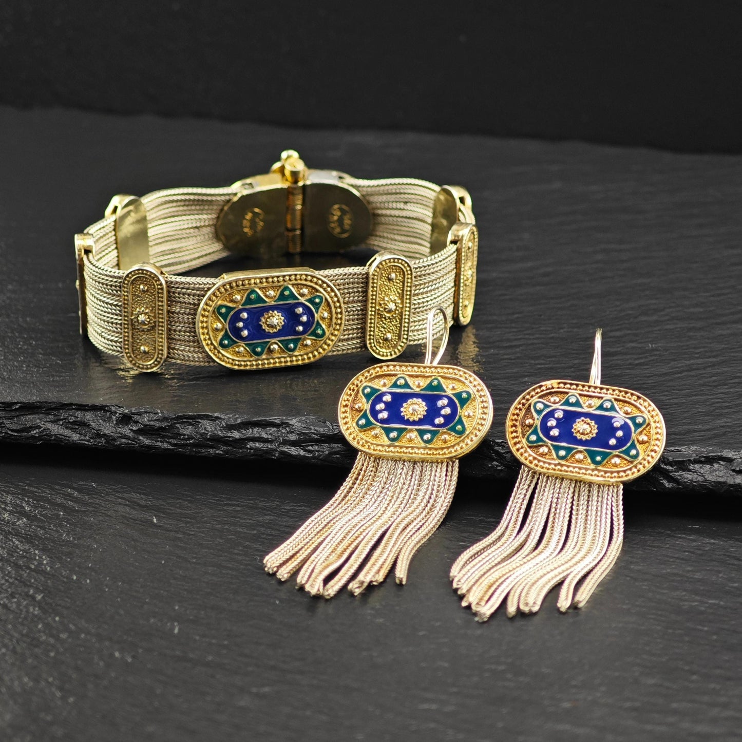 Enamel Bracelet Gold Gilded and Earring Set Sterling Silver