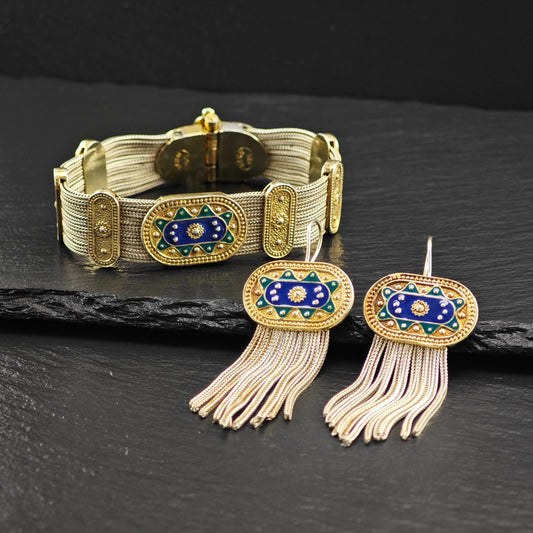 Enamel Bracelet Gold Gilded and Earring Set Sterling Silver
