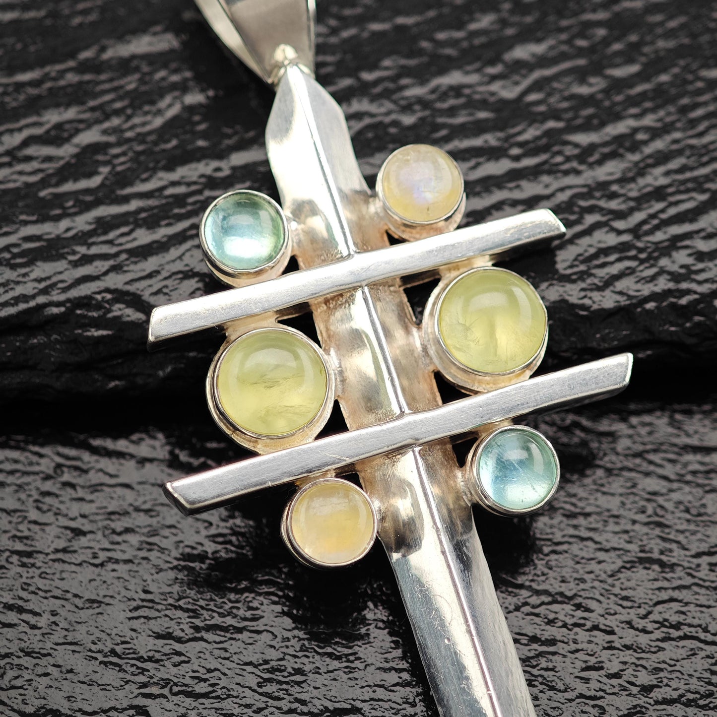 Vintage DTR Moonstone, Prehnite, Topaz Cross Pendant Sterling Silver