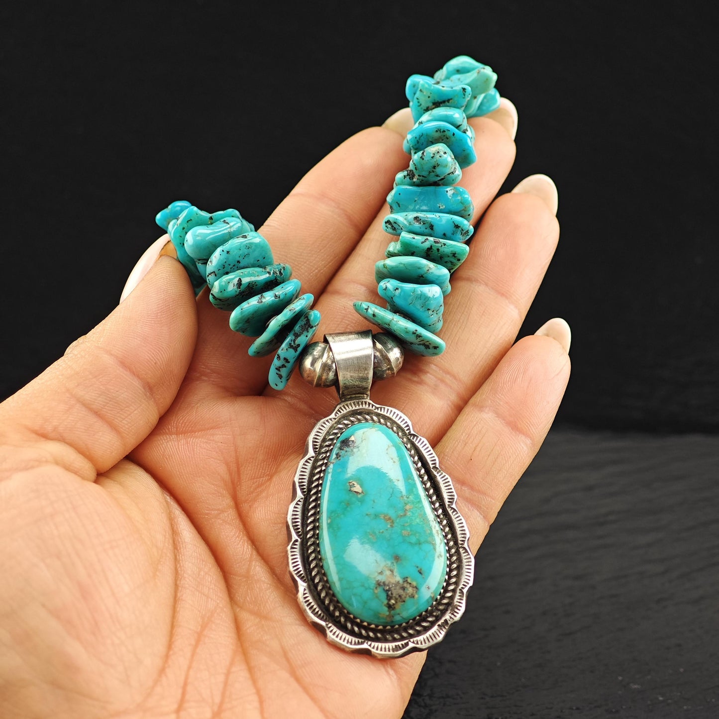 Native Turquoise Heishi Necklace with Sterling Silver Accents N2573