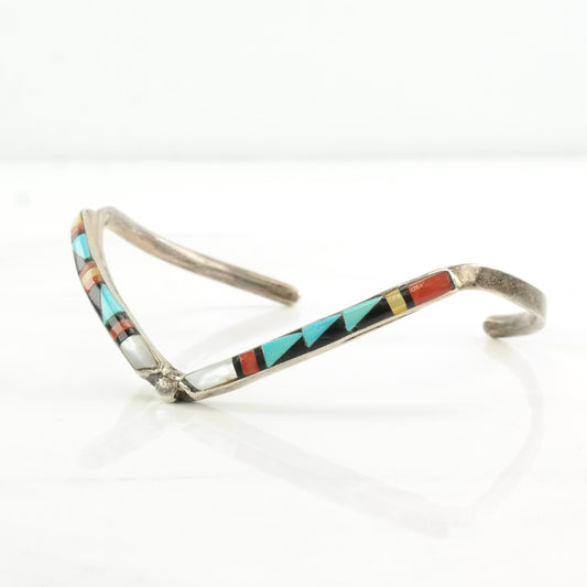 Vintage Native American Sterling Silver Cuff Bracelet Turquoise, Coral, Jet, MOP