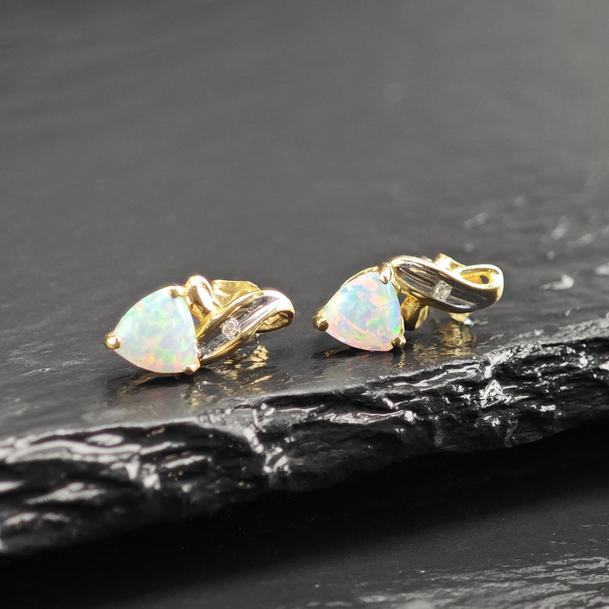 Lab Opal, Diamond Chip 10K Gold Stud Earrings ER3223