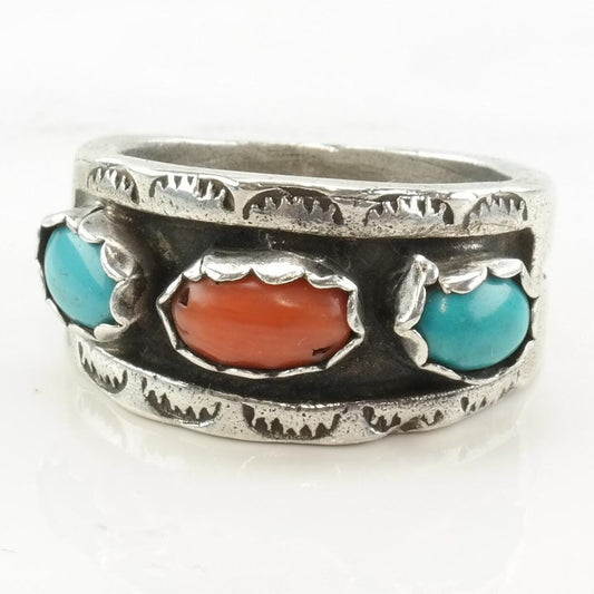 Vintage Native American Silver Ring Turquoise Coral Shadowbox Band Sterling Size 8 3/4