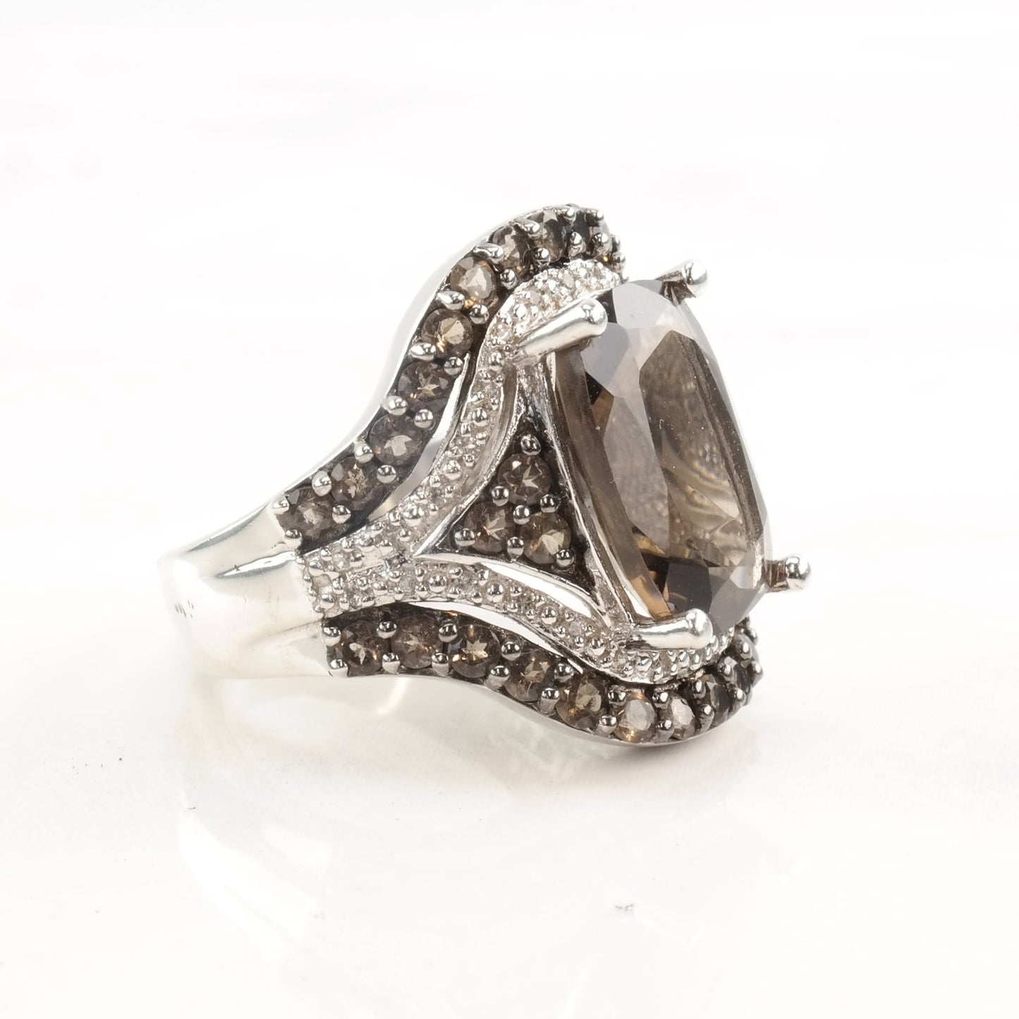 Silver Ring Smoky Quartz Spinel Diamond Accents Size 7