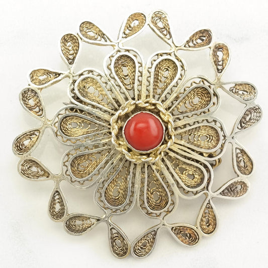 Israeli Sterling Silver Brooch Filigree, Gold Tone Coral