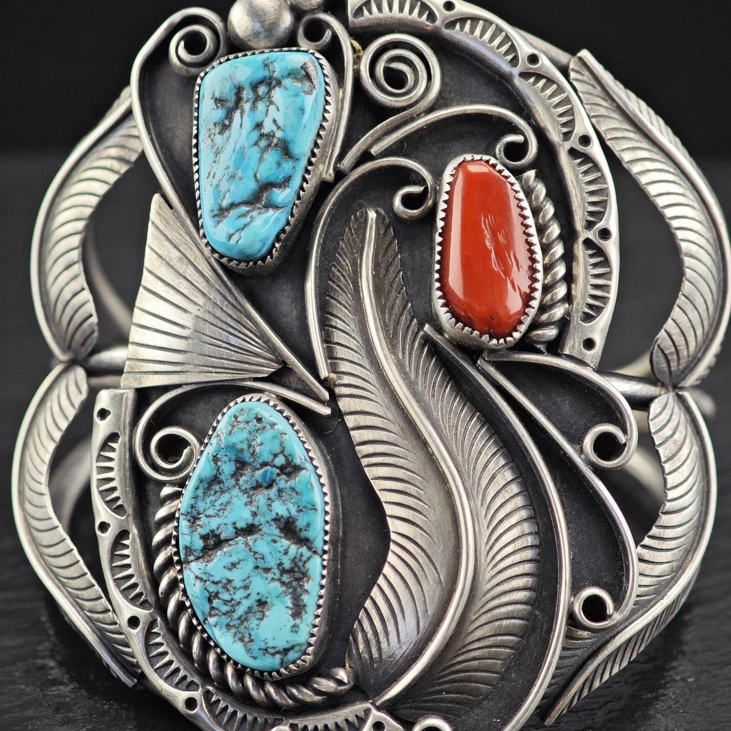Large Turquoise Coral Cuff Bracelet Native American Sterling Silver
