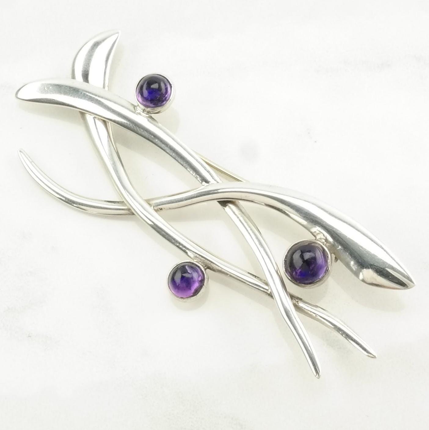 Vintage Sigi, Taxco Sterling Silver Brooch Modernist Purple Amethyst