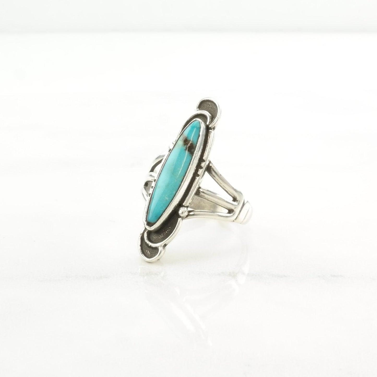 Sterling Silver Ring Turquoise Navette Blue Size 8 1/4