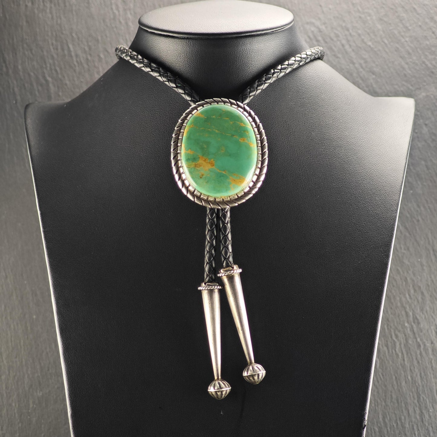 Vintage Native American Sterling Silver Green Turquoise Bolo Tie Necklace N2749