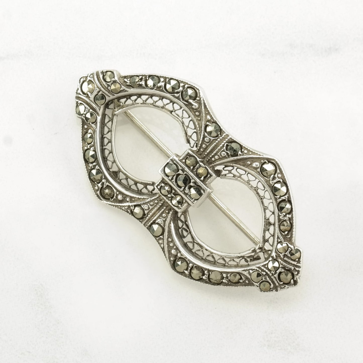 Art Deco Style Sterling Silver Brooch Marcasite