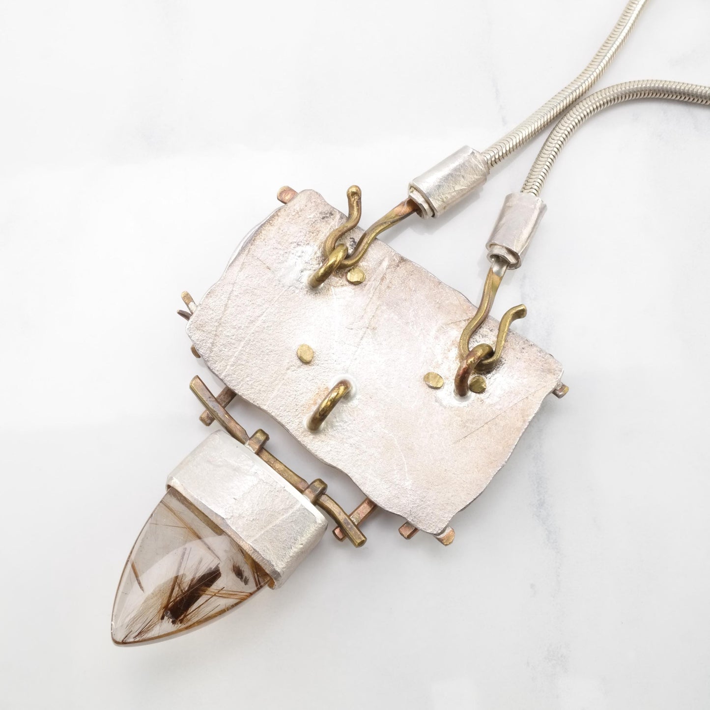 Studio Crafted Sterling Silver & Rutilated Quartz Necklace | Mixed Metals Pendant | Modernist Design