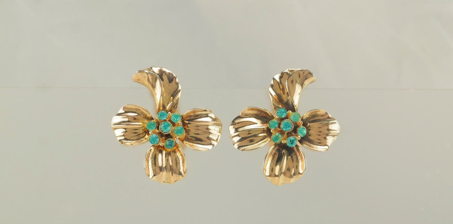 Sterling Silver, Gold Plated Blue CZ Flower Clip On Earrings