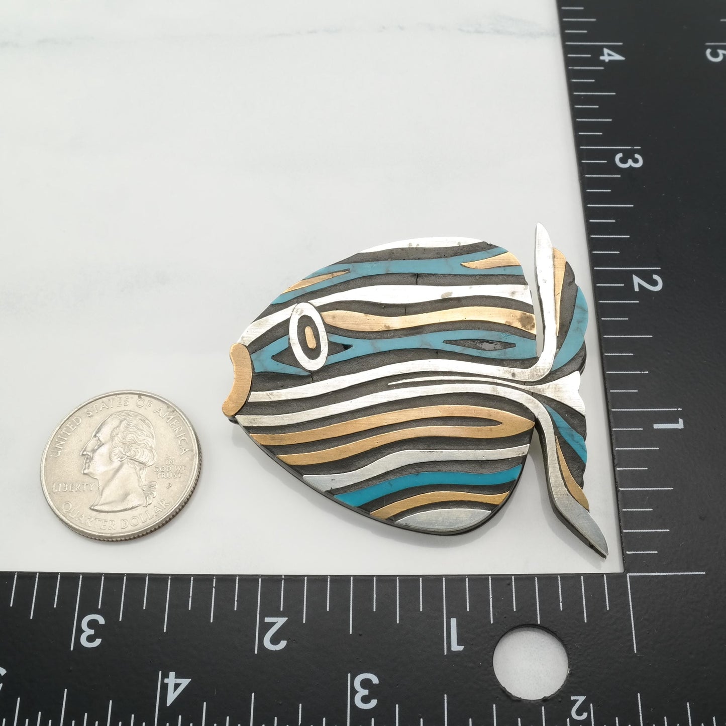 Tono Sterling Silver Brooch Fish, Brass Block Turquoise Inlay