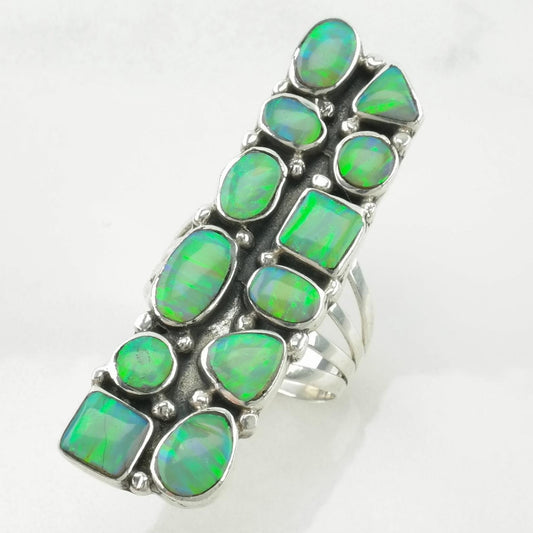 Vintage Southwest Silver Ring Lab Opal Cluster Sterling Green Size 7