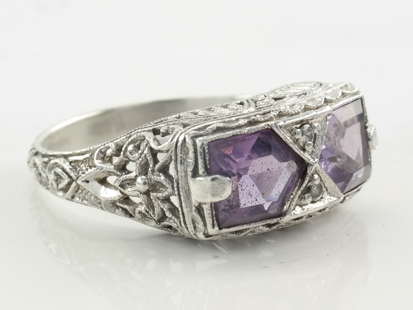 Sterling Silver Ring Double Amethyst, Gemstone, Floral, Filigree Size 6 3/4