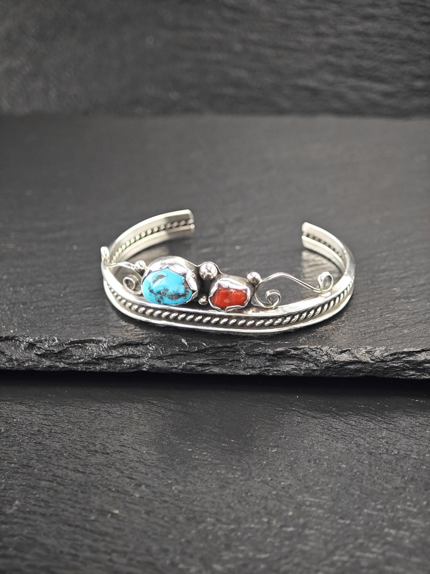Navajo, Native American Turquoise, Coral Cuff Bracelet Sterling Silver