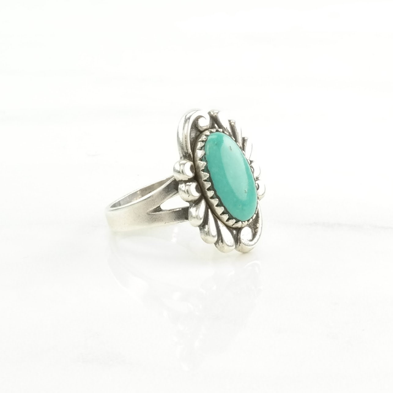 Turquoise Silver Ring Floral Sterling Blue Size 6