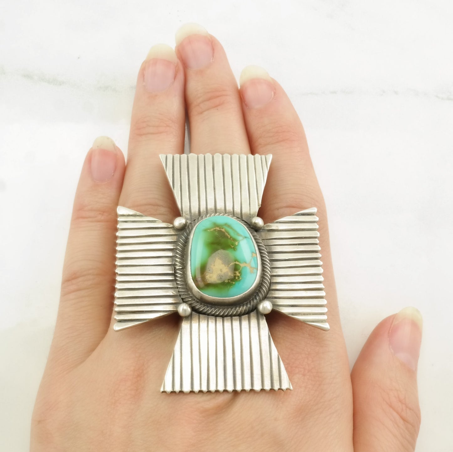 Native American Silver Ring Large Turquoise Cross Sterling Size 7 3/4