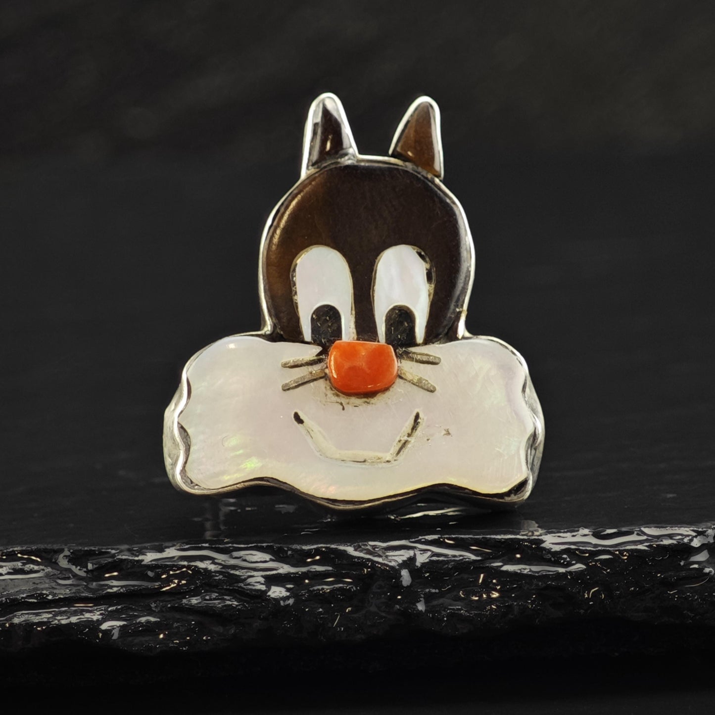 Perry Spencer Navajo Cartoon Cat Inlay Sterling Silver Ring Sz 6 1/4 R6568