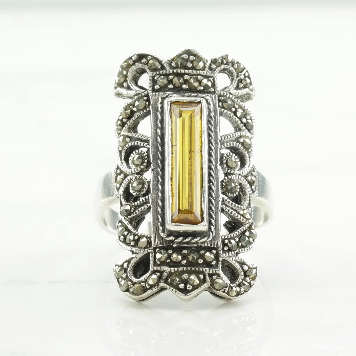 Vintage Art Deco Style Silver Ring Yellow Gemstone, Marcasite Sterling Size 9