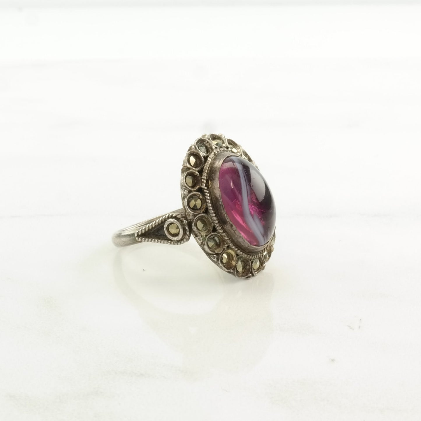 Art Deco Silver Ring Purple Stone Ornate Sterling Size 6